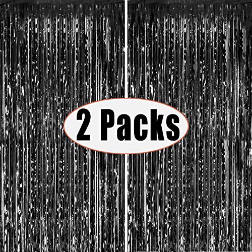2 Packs 3ft x 8.3ft Black Metallic Tinsel Foil Fringe Curtains Photo Booth Props for Birthday Wedding Engagement Bridal Shower Baby Shower Bachelorette Holiday Celebration Party Decorations