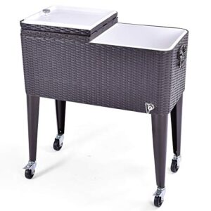 safstar outdoor cooling bin, 80 quart rattan patio beverage chest with lockable wheels and bottle opener, rolling cooler cart for backyard garden pool party