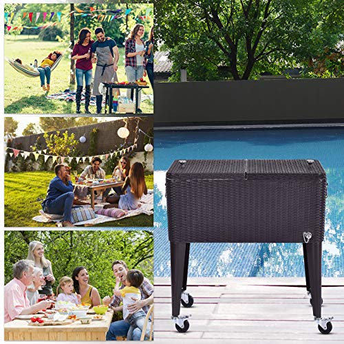 Safstar Outdoor Cooling Bin, 80 Quart Rattan Patio Beverage Chest with Lockable Wheels and Bottle Opener, Rolling Cooler Cart for Backyard Garden Pool Party