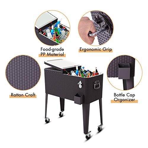 Safstar Outdoor Cooling Bin, 80 Quart Rattan Patio Beverage Chest with Lockable Wheels and Bottle Opener, Rolling Cooler Cart for Backyard Garden Pool Party