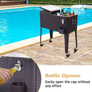 Safstar Outdoor Cooling Bin, 80 Quart Rattan Patio Beverage Chest with Lockable Wheels and Bottle Opener, Rolling Cooler Cart for Backyard Garden Pool Party