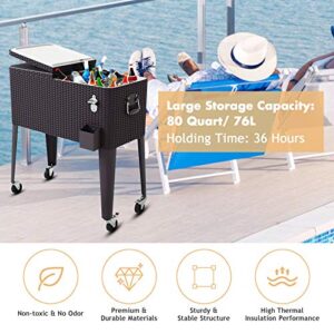 Safstar Outdoor Cooling Bin, 80 Quart Rattan Patio Beverage Chest with Lockable Wheels and Bottle Opener, Rolling Cooler Cart for Backyard Garden Pool Party