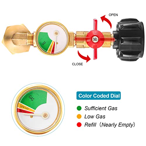 QCC1 Propane Refill Elbow Adapter with Propane Tank Gauge, 90 Degrees Propane Refill Adapter with ON-Off Control Valve, for Camping Grill 1LB Bottle Tank 20-40LBS Cylinder