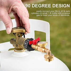 QCC1 Propane Refill Elbow Adapter with Propane Tank Gauge, 90 Degrees Propane Refill Adapter with ON-Off Control Valve, for Camping Grill 1LB Bottle Tank 20-40LBS Cylinder