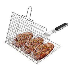 vastector grilling basket, folding portable outdoor camping stainless steel bbq rack with removable handle for shrimp, steaks, burgers, hot dogs, barbeque griller cooking tool