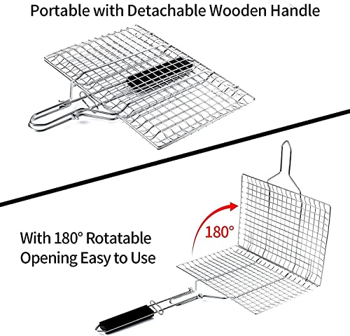 Vastector Grilling Basket, Folding Portable Outdoor Camping Stainless Steel BBQ Rack with Removable Handle for Shrimp, Steaks, Burgers, Hot Dogs, Barbeque Griller Cooking Tool