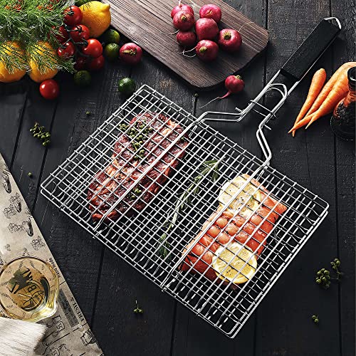 Vastector Grilling Basket, Folding Portable Outdoor Camping Stainless Steel BBQ Rack with Removable Handle for Shrimp, Steaks, Burgers, Hot Dogs, Barbeque Griller Cooking Tool