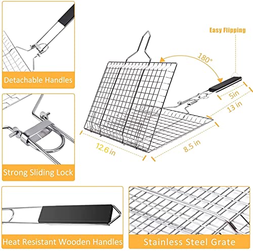 Vastector Grilling Basket, Folding Portable Outdoor Camping Stainless Steel BBQ Rack with Removable Handle for Shrimp, Steaks, Burgers, Hot Dogs, Barbeque Griller Cooking Tool