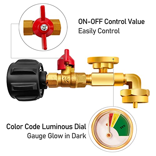 QCC1 Propane Refill Elbow Adapter with Propane Tank Gauge, 90 Degrees Refill Pressure Adapter with ON-Off Control Valve for Camping Grill 1LB Bottle Tank 20-40LBS Cylinder