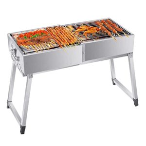 portable charcoal grill foldable stainless steel 24″ x 12″ x 26″ kebab skewer bbq barbecue camping grill kit for garden backyard home outdoor cooking use
