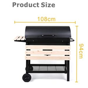 RJMOLU Outdoor Smoker Barbecue Portable Charcoal BBQ Grill for Garden Home Camping, Heat Control BBQ Kettle with 2 Foldable Wooden Side Shelves and Thermometer