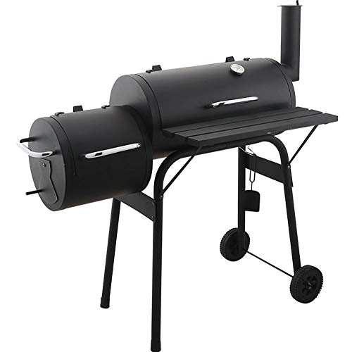 RJMOLU Outdoor 2-in-1 BBQ Grill - Charcoal Barbecue Grill with Offset Smoker, Meat Smoker w/Temperature Gauge for Home, Backyard, Garden, Terrace, Camping,A