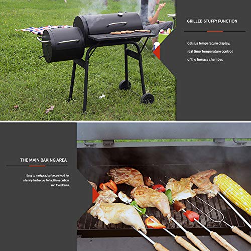 RJMOLU Outdoor 2-in-1 BBQ Grill - Charcoal Barbecue Grill with Offset Smoker, Meat Smoker w/Temperature Gauge for Home, Backyard, Garden, Terrace, Camping,A