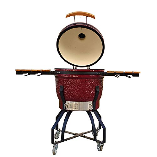 RJMOLU 21" Big BBQ Grill, Smoker, Roaster and Grill with 2 Foldable Wooden Side Shelves, Multifunctional Ceramic Barbecue Grill for Picnic Garden Terrace Camping Travel