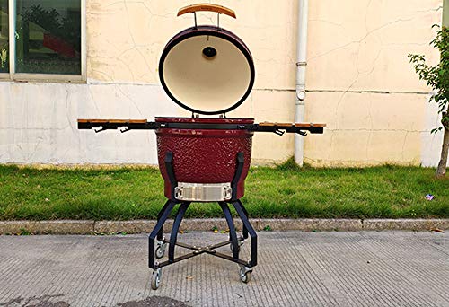 RJMOLU 21" Big BBQ Grill, Smoker, Roaster and Grill with 2 Foldable Wooden Side Shelves, Multifunctional Ceramic Barbecue Grill for Picnic Garden Terrace Camping Travel