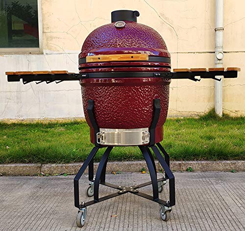 RJMOLU 21" Big BBQ Grill, Smoker, Roaster and Grill with 2 Foldable Wooden Side Shelves, Multifunctional Ceramic Barbecue Grill for Picnic Garden Terrace Camping Travel