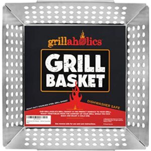 Grillaholics Heavy Duty Grill Basket - Large Grilling Basket for More Vegetables - Stainless Steel Grilling Accessories Built to Last - Perfect Vegetable Grill Basket for All Grills and Veggies