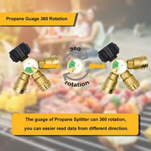 3 Way Propone Splitter QCC/POL (Propane Tank 3 Y Splitter Adapter) with Gauge and Shut-Off Valve, 3 Way Propane Gas Splitter for Propane Tank, which for Camping Stoves, BBQ Grills, RV Camper, etc.