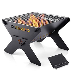 odoland camping campfire grill, portable folding charcoal grills, backpacking bbq grill, heavy duty firepit grill with carry bag for outdoor cooking, bonfire, patio, backyard
