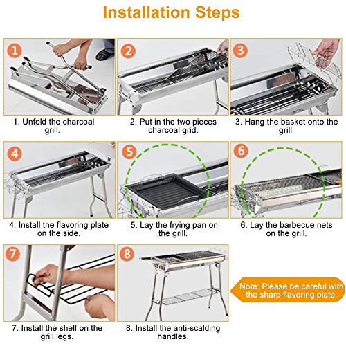 TeqHome Portable Charcoal Grill, Upgraded Folding Large Barbecue Charcoal Grill W/Board Shelf & Flavoring Storage Basket, Stainless Steel Frame, for 8 People Picnic Garden Terrace Camping Travel Use