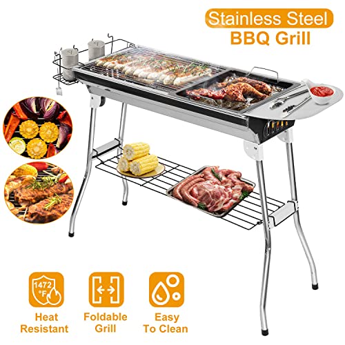 TeqHome Portable Charcoal Grill, Upgraded Folding Large Barbecue Charcoal Grill W/Board Shelf & Flavoring Storage Basket, Stainless Steel Frame, for 8 People Picnic Garden Terrace Camping Travel Use