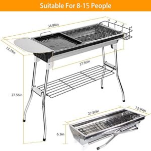 TeqHome Portable Charcoal Grill, Upgraded Folding Large Barbecue Charcoal Grill W/Board Shelf & Flavoring Storage Basket, Stainless Steel Frame, for 8 People Picnic Garden Terrace Camping Travel Use