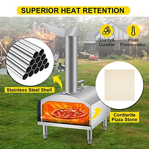 VEVOR Wood Fired Oven 12",Outdoor Pizza Oven with Foldable Legs,Stainless Steel Pizza Maker 932℉ Max Temperature,Wood Pellets Burning Pizza Oven with Accessories for Outside,Garden,Courtyard Cooking.