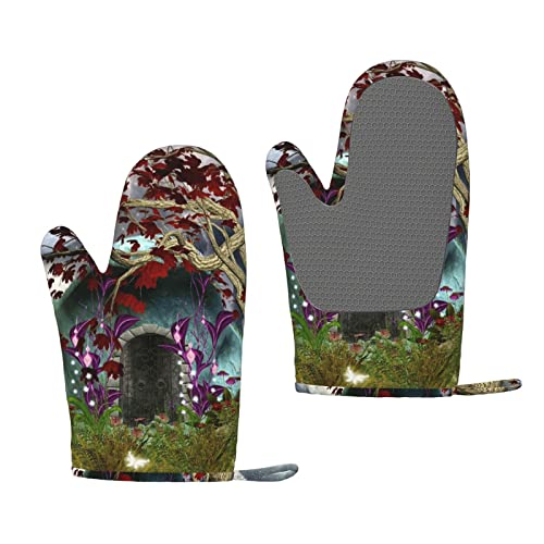 Gothic Fairy Garden Silicone Insulated and Scald Resistant Gloves Kitchen Baking Oven Gloves Thickened Lining Oven Gloves Cooking Gloves