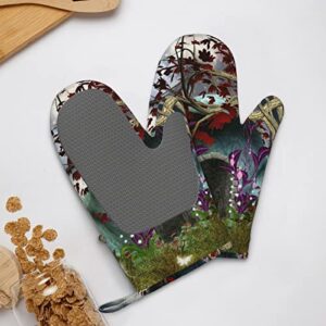 Gothic Fairy Garden Silicone Insulated and Scald Resistant Gloves Kitchen Baking Oven Gloves Thickened Lining Oven Gloves Cooking Gloves