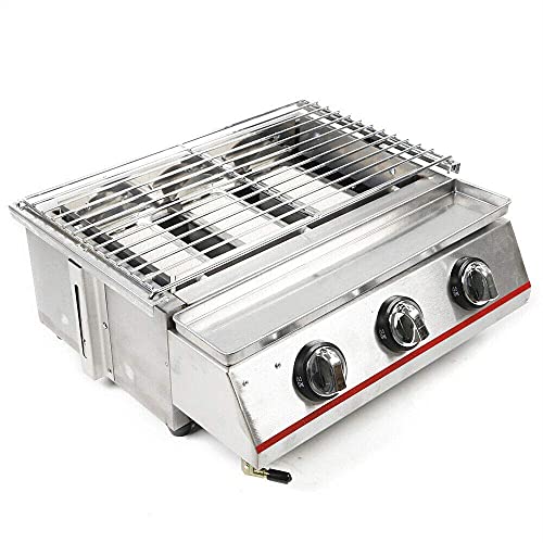 Stainless Steel Gas BBQ Grill with 3 Burners, Portable Propane BBQ Barbecue Deck Patio Fry Cooker Tabletop Cooker for Backyard Outdoor Garden Commercial