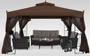 mastercanopy 10×10 patio gazebo with netting screen walls for lawn, garden, backyard and deck brown