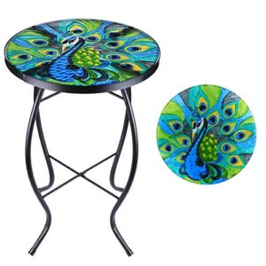 MUMTOP Outdoor Side Tables Patio Table 14’’ Round Mosaic Accent Table Peacock Glass Plant Stand Decor for Garden, Balcony Indoor Use…