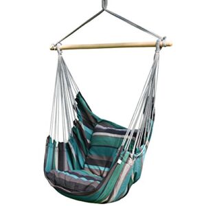prime garden comfort cotton hanging hammock chair, rope swing chair with 2 cushions for indoor or outdoor – max. 275 lbs (green stripe)