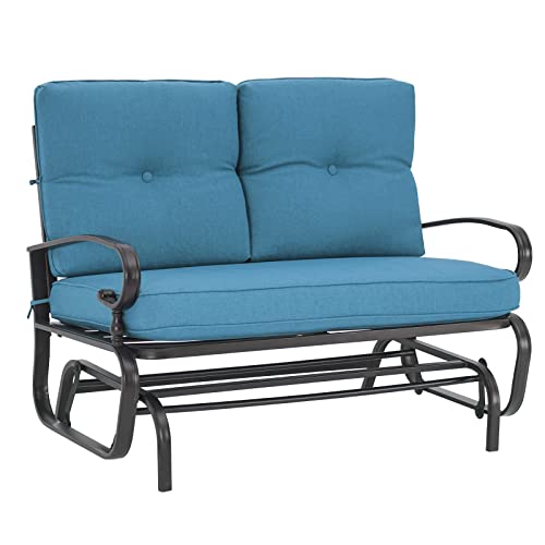 Incbruce Outdoor Glider Rocking Chair Patio Glider Bench for 2 Person, Porch Loveseat Seating Patio Steel Frame Chair Set with Cushion for Porch, Patio, Garden (Blue)