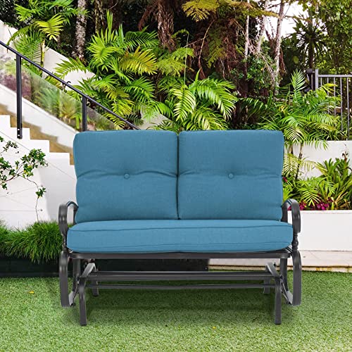 Incbruce Outdoor Glider Rocking Chair Patio Glider Bench for 2 Person, Porch Loveseat Seating Patio Steel Frame Chair Set with Cushion for Porch, Patio, Garden (Blue)