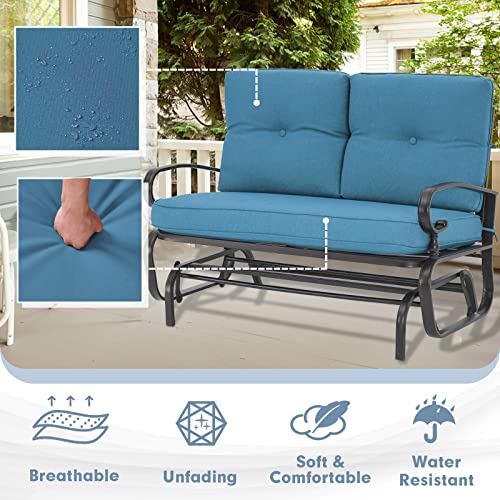 Incbruce Outdoor Glider Rocking Chair Patio Glider Bench for 2 Person, Porch Loveseat Seating Patio Steel Frame Chair Set with Cushion for Porch, Patio, Garden (Blue)