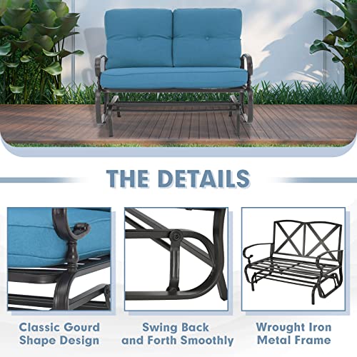 Incbruce Outdoor Glider Rocking Chair Patio Glider Bench for 2 Person, Porch Loveseat Seating Patio Steel Frame Chair Set with Cushion for Porch, Patio, Garden (Blue)