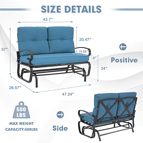 Incbruce Outdoor Glider Rocking Chair Patio Glider Bench for 2 Person, Porch Loveseat Seating Patio Steel Frame Chair Set with Cushion for Porch, Patio, Garden (Blue)