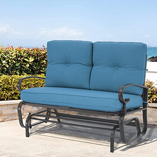 Incbruce Outdoor Glider Rocking Chair Patio Glider Bench for 2 Person, Porch Loveseat Seating Patio Steel Frame Chair Set with Cushion for Porch, Patio, Garden (Blue)