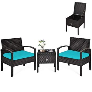 happygrill 3-piece patio furniture set rattan wicker sofa set with removable cushion and coffee table with storage space, conversation bistro sofa chairs set for garden poolside balcony, turquoise