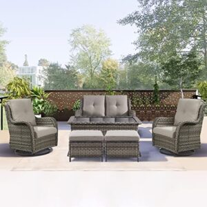 rilyson 6pc patio furniture set – rattan wicker outdoor sectional conversation sets with 2 swivel rocking chairs,2 ottomans,1 loveseat and 1 coffee table for porch deck garden(mixed grey/grey)