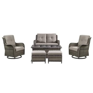 Rilyson 6PC Patio Furniture Set - Rattan Wicker Outdoor Sectional Conversation Sets with 2 Swivel Rocking Chairs,2 Ottomans,1 Loveseat and 1 Coffee Table for Porch Deck Garden(Mixed Grey/Grey)