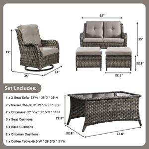 Rilyson 6PC Patio Furniture Set - Rattan Wicker Outdoor Sectional Conversation Sets with 2 Swivel Rocking Chairs,2 Ottomans,1 Loveseat and 1 Coffee Table for Porch Deck Garden(Mixed Grey/Grey)