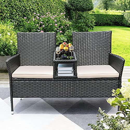 Devoko Outdoor Patio Loveseat Modern Rattan Patio Conversation Furniture Set with Cushions & Built-in Coffee Table Porch Furniture for Garden Lawn Backyard (Beige)