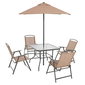 folding patio dining set of 6 pcs all weather small metal outdoor table and chair set, garden patio furniture set w/umbrella, glass table & 4 folding chairs for lawn, deck, backyard, tan