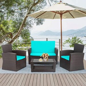 fdw 4 pieces conversation set patio sofas wicker outdoor patio furniture sets sectional sofa rattan chair outdoor backyard porch poolside balcony garden furniture with coffee table (blue cushion)