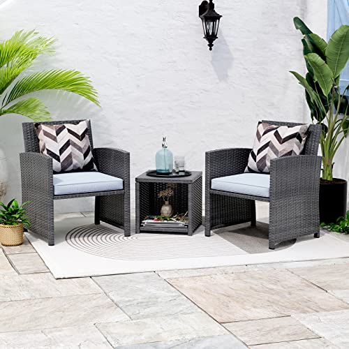 OC Orange-Casual 3 Piece Patio Furniture Set, Outdoor Wicker Conversation Set, Porch Chairs with Storage Coffee Table, Modern Rattan Bistro Set, Balcony Garden Deck Outside, Grey