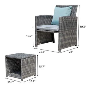 OC Orange-Casual 3 Piece Patio Furniture Set, Outdoor Wicker Conversation Set, Porch Chairs with Storage Coffee Table, Modern Rattan Bistro Set, Balcony Garden Deck Outside, Grey