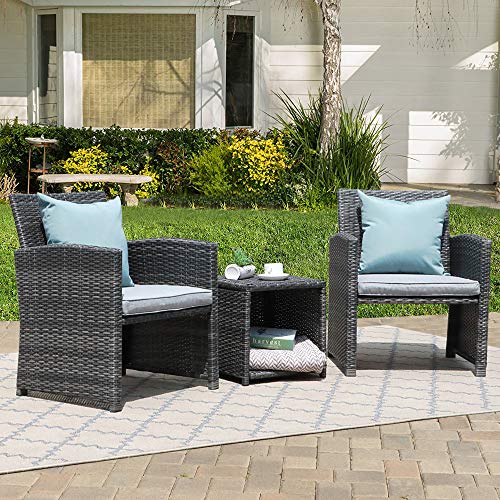 OC Orange-Casual 3 Piece Patio Furniture Set, Outdoor Wicker Conversation Set, Porch Chairs with Storage Coffee Table, Modern Rattan Bistro Set, Balcony Garden Deck Outside, Grey