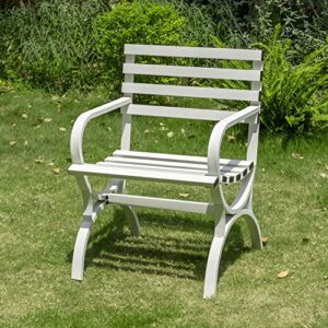 sophia & william outdoor garden park chair patio metal single seater bench, steel frame furniture with backrest and armrests for porch yard lawn deck, white